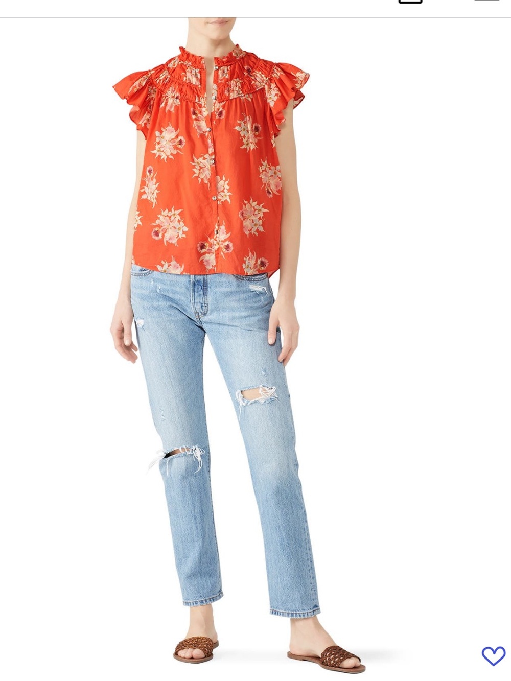 Floral Ruffle Cap-Sleeve Button-Down Top in Coral